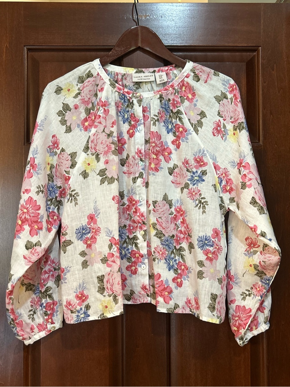Laura Ashley 100% Linen Floral Button Front Blouse Cottagecore Size M